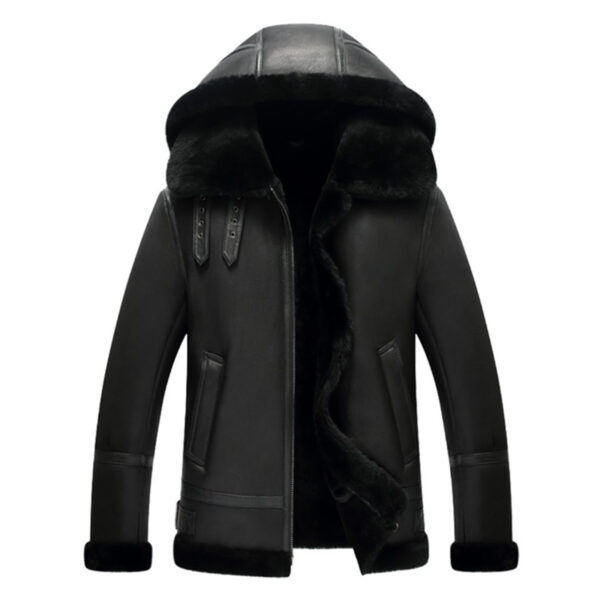 WeeBroz Men's Black Hooded B3 Leather Bomber Jacket Aviator Flight Jacket - Image 1