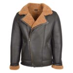 WeeBroz Men's Brown Sheepskin Leather Bomber Jacket Aviator Style