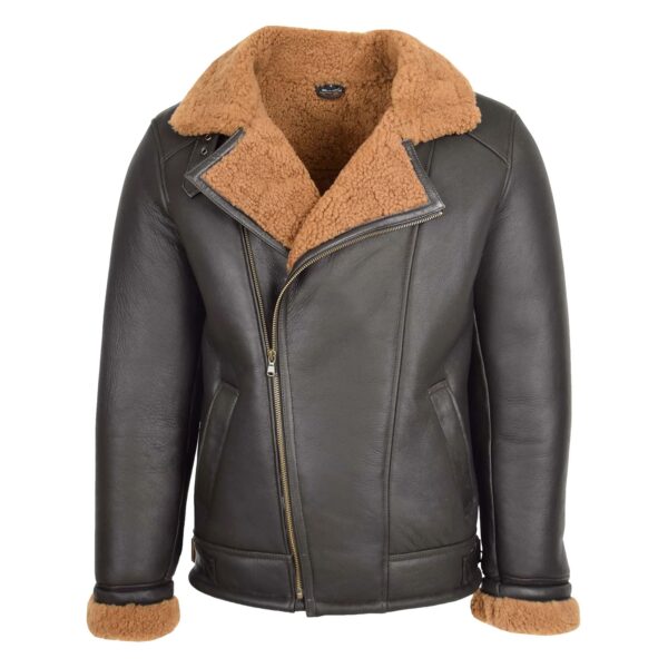 WeeBroz Men's Brown Sheepskin Leather Bomber Jacket Aviator Style - Image 1
