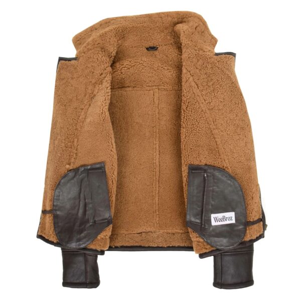 WeeBroz Men's Brown Sheepskin Leather Bomber Jacket Aviator Style - Image 4