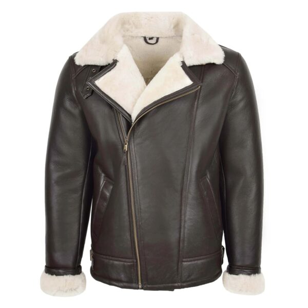 WeeBroz Men's Brown Sheepskin Leather Bomber Jacket Pilot Style - Image 1
