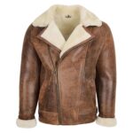 WeeBroz Men's Vintage Brown Sheepskin Leather Bomber Jacket Aviator Style