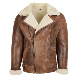 WeeBroz Men's Vintage Brown Sheepskin Leather Bomber Jacket Aviator Style