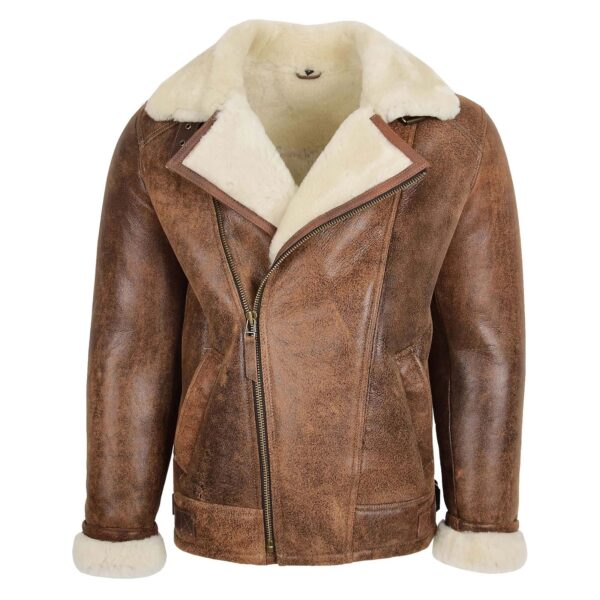 WeeBroz Men's Vintage Brown Sheepskin Leather Bomber Jacket Aviator Style - Image 1