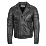 WeeBroz Men's Black Leather Biker Jacket Dual Zip Hook Style