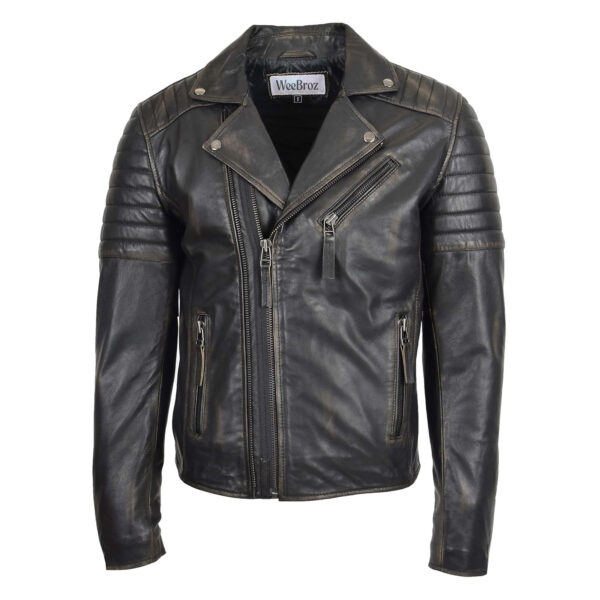 WeeBroz Men's Vintage Black Leather Biker Jacket Dual Zip Rider Style - Image 1