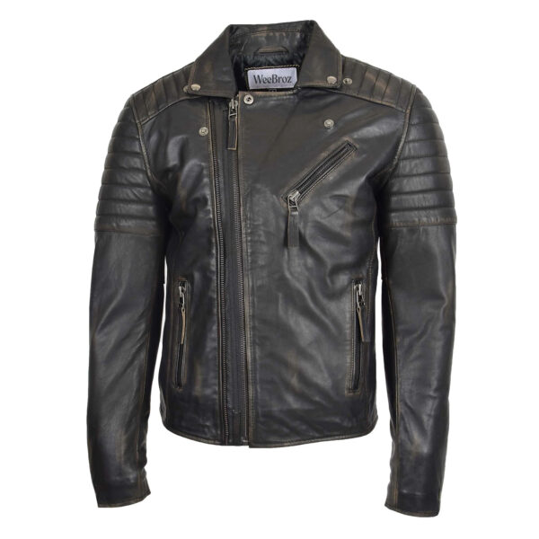 WeeBroz Men's Vintage Black Leather Biker Jacket Dual Zip Rider Style - Image 3