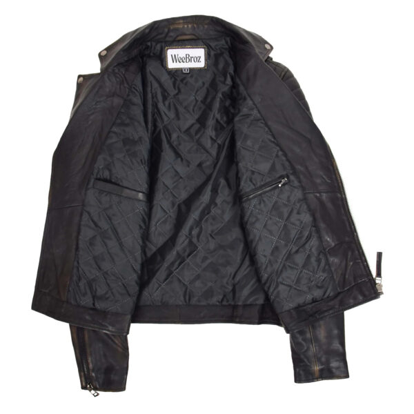 WeeBroz Men's Vintage Black Leather Biker Jacket Dual Zip Rider Style - Image 5