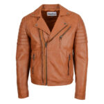 WeeBroz Men's Tan Leather Biker Jacket Dual Zip Hook Style