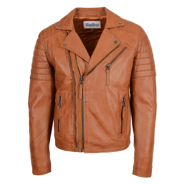 WeeBroz Men's Tan Leather Biker Jacket Dual Zip Hook Style - Image 1