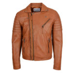 WeeBroz Men's Tan Leather Biker Jacket Dual Zip Hook Style - Image 3
