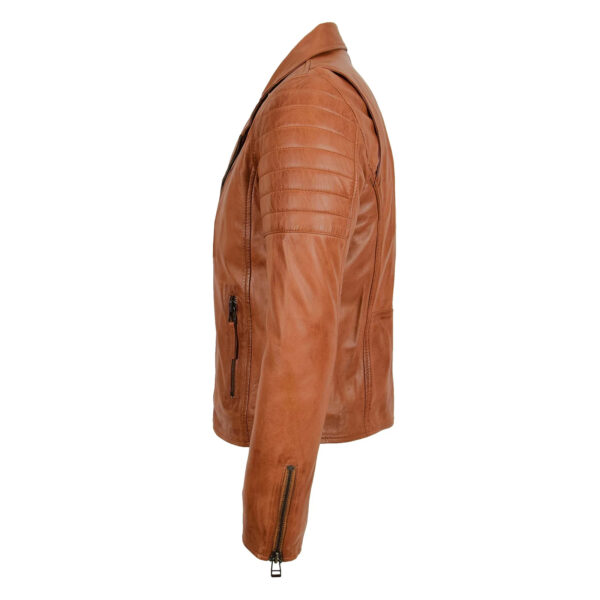 WeeBroz Men's Tan Leather Biker Jacket Dual Zip Hook Style - Image 4