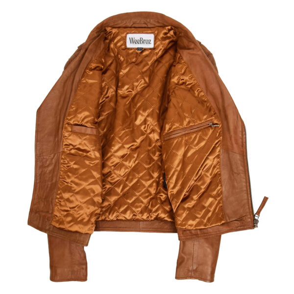 WeeBroz Men's Tan Leather Biker Jacket Dual Zip Hook Style - Image 5