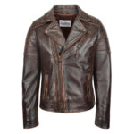 WeeBroz Men's Vintage Brown Leather Biker Jacket Asymmetrical Zipper Style