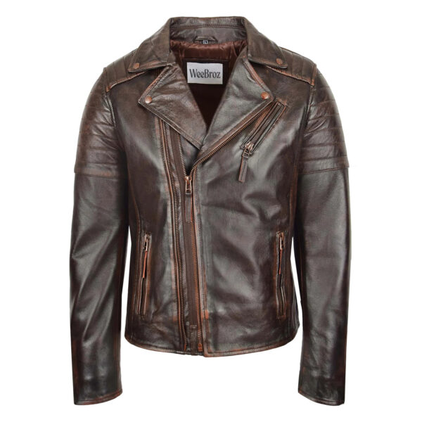 WeeBroz Men's Vintage Brown Leather Biker Jacket Asymmetrical Zipper Style - Image 1