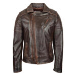 WeeBroz Men's Vintage Brown Leather Biker Jacket Asymmetrical Zipper Style - Image 3