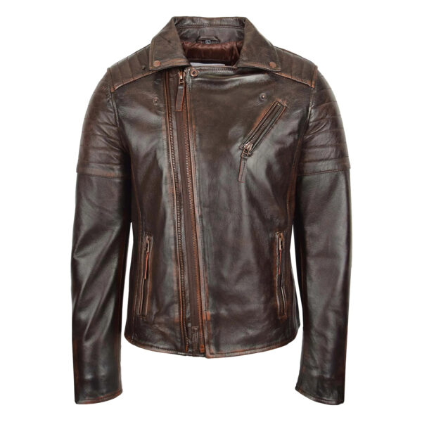 WeeBroz Men's Vintage Brown Leather Biker Jacket Asymmetrical Zipper Style - Image 3
