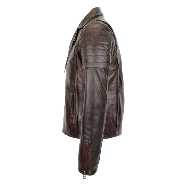 WeeBroz Men's Vintage Brown Leather Biker Jacket Asymmetrical Zipper Style - Image 4
