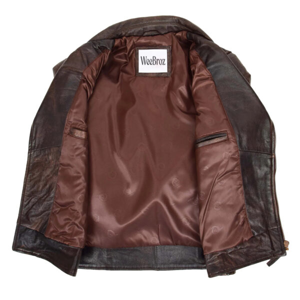 WeeBroz Men's Vintage Brown Leather Biker Jacket Asymmetrical Zipper Style - Image 5