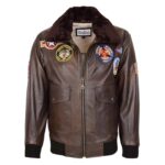 WeeBroz Men's Brown Leather Bomber Jacket Air Force Style