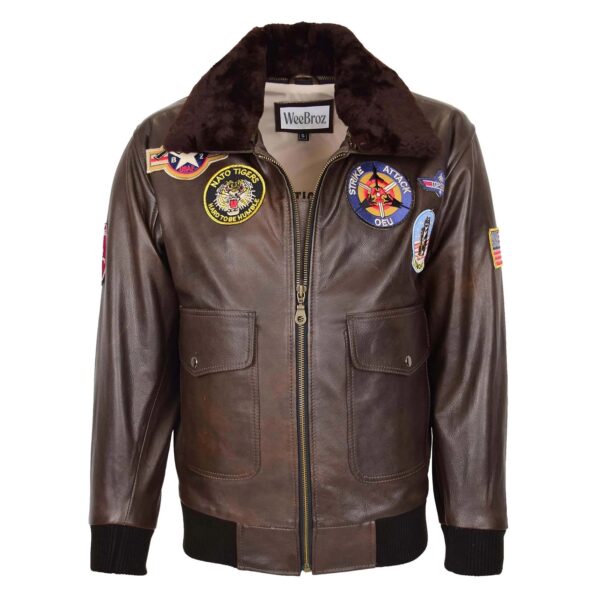 WeeBroz Men's Brown Leather Bomber Jacket Air Force Style - Image 1