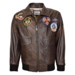 WeeBroz Men's Brown Leather Bomber Jacket Air Force Style - Image 3