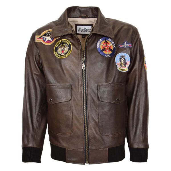 WeeBroz Men's Brown Leather Bomber Jacket Air Force Style - Image 3
