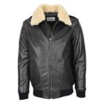 WeeBroz Men's Black Leather Bomber Jacket with Sheepskin Collar Aviator Style