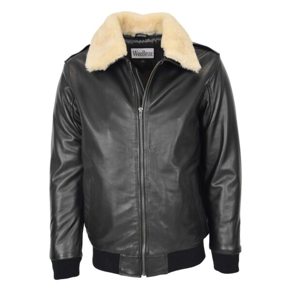 WeeBroz Men's Black Leather Bomber Jacket with Sheepskin Collar Aviator Style - Image 1