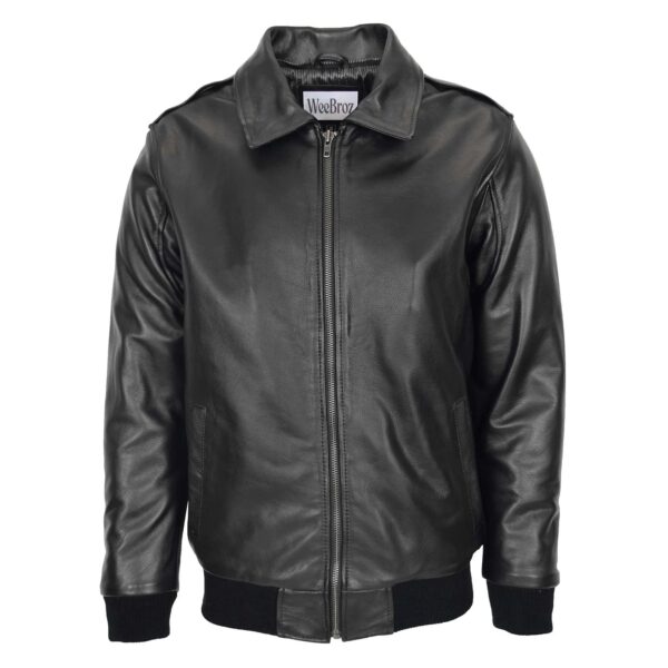 WeeBroz Men's Black Leather Bomber Jacket with Sheepskin Collar Aviator Style - Image 3