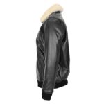 WeeBroz Men's Black Leather Bomber Jacket with Sheepskin Collar Aviator Style - Image 4