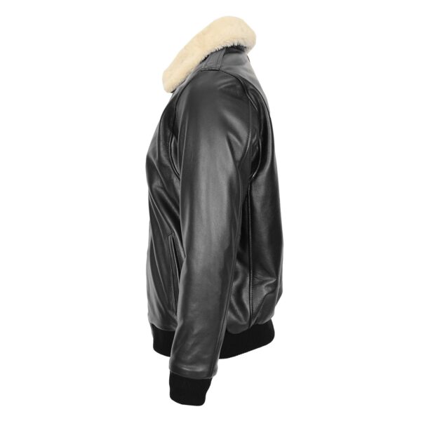WeeBroz Men's Black Leather Bomber Jacket with Sheepskin Collar Aviator Style - Image 4