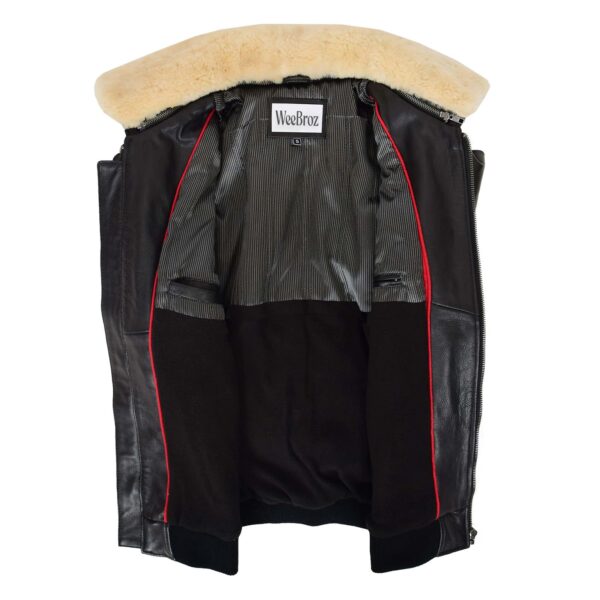 WeeBroz Men's Black Leather Bomber Jacket with Sheepskin Collar Aviator Style - Image 5