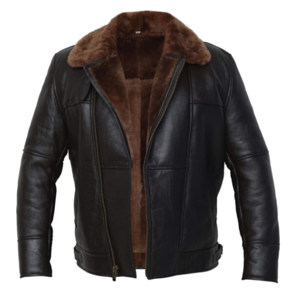WeeBroz Men's Black Brown B3 Leather Bomber Jacket Pilot Aviator Style - Image 2