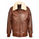 WeeBroz Men’s Tan G-1 Leather Bomber Jacket Detachable Collar Aviator Style