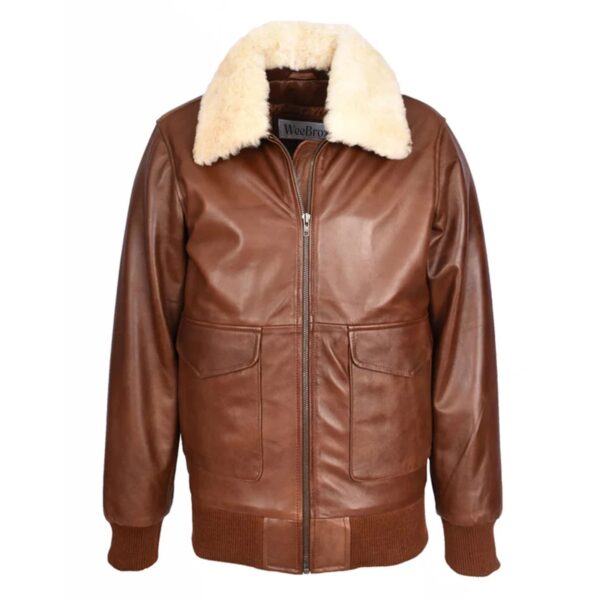 WeeBroz Men’s Tan G-1 Leather Bomber Jacket Detachable Collar Aviator Style - Image 1