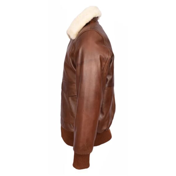 WeeBroz Men’s Tan G-1 Leather Bomber Jacket Detachable Collar Aviator Style - Image 3