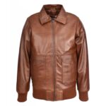 WeeBroz Men’s Tan G-1 Leather Bomber Jacket Detachable Collar Aviator Style - Image 4