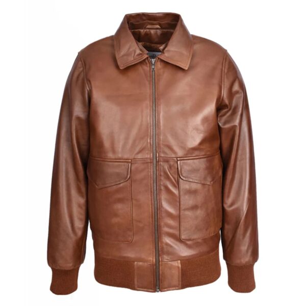 WeeBroz Men’s Tan G-1 Leather Bomber Jacket Detachable Collar Aviator Style - Image 4