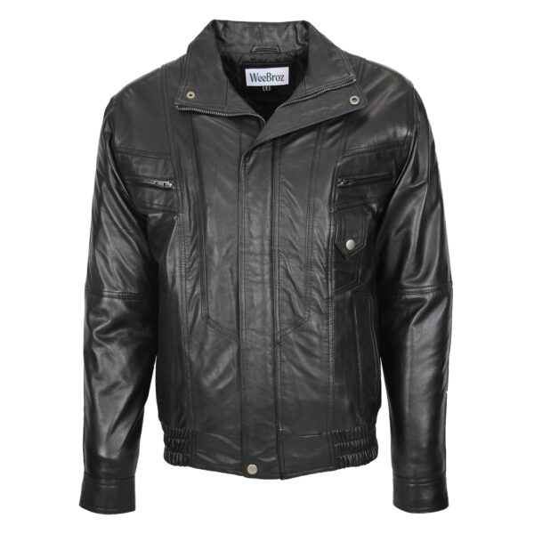 WeeBroz Men's Black Leather Bomber Jacket Blouson Jacket - Image 1