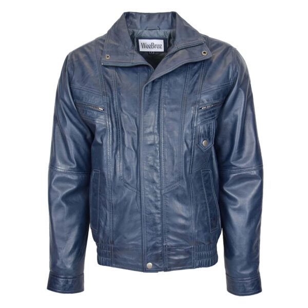 WeeBroz Men's Blue Leather Bomber Jacket Blouson Jacket - Image 1