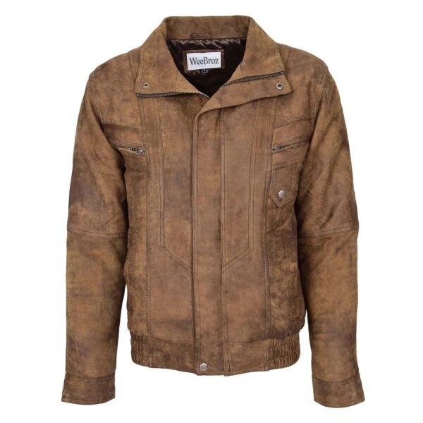 WeeBroz Men's Brown Leather Bomber Jacket Blouson Jacket - Image 1