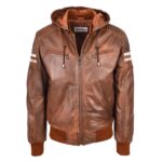 WeeBroz Men’s Brown Leather Bomber Jacket Removable Hooded Style
