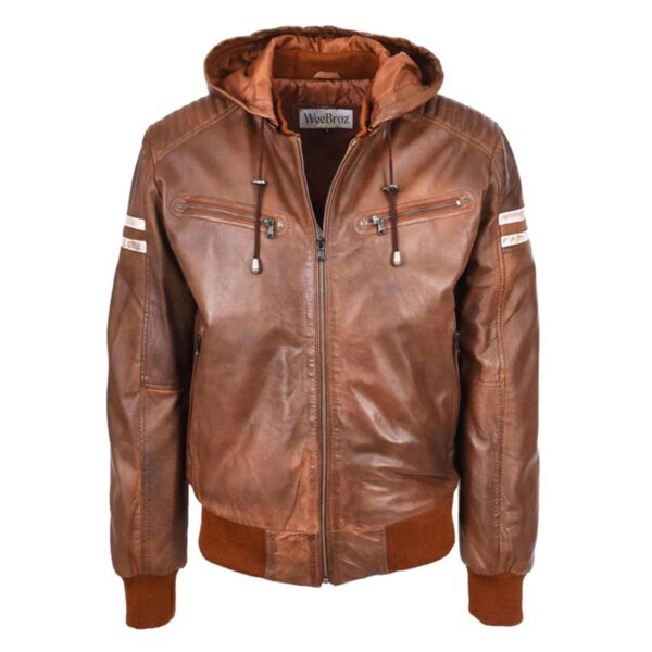 WeeBroz Men’s Brown Leather Bomber Jacket Removable Hooded Style - Image 1