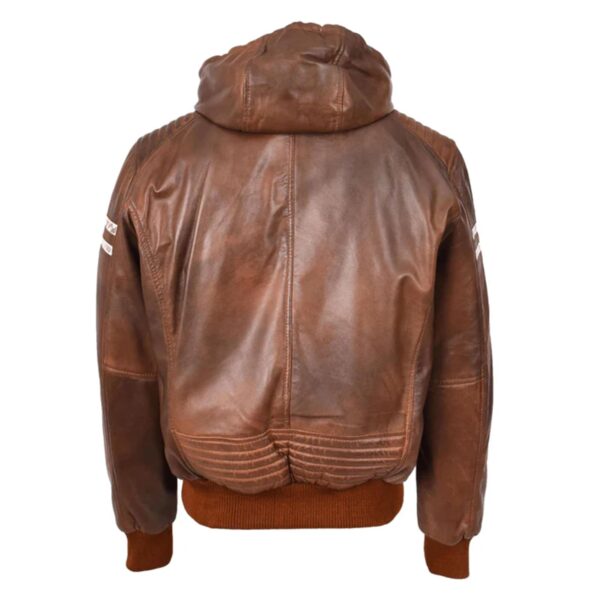 WeeBroz Men’s Brown Leather Bomber Jacket Removable Hooded Style - Image 2