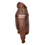 WeeBroz Men’s Brown Leather Bomber Jacket Removable Hooded Style - Image 3