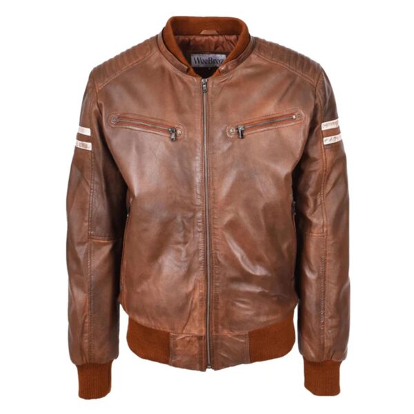WeeBroz Men’s Brown Leather Bomber Jacket Removable Hooded Style - Image 4