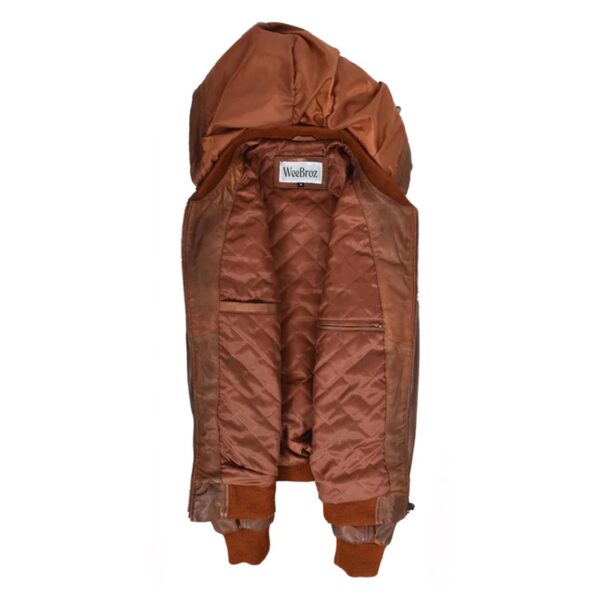 WeeBroz Men’s Brown Leather Bomber Jacket Removable Hooded Style - Image 5