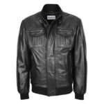 WeeBroz Men's Black Leather Bomber Flight Jacket Clean-Cut