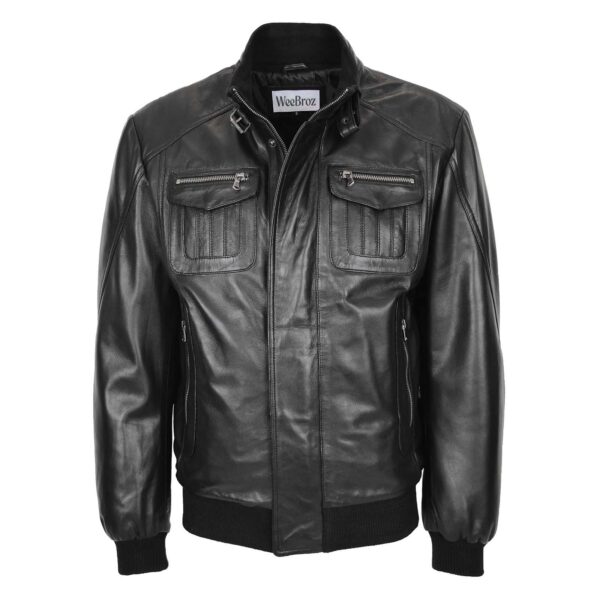 WeeBroz Men's Black Leather Bomber Flight Jacket Clean-Cut - Image 1